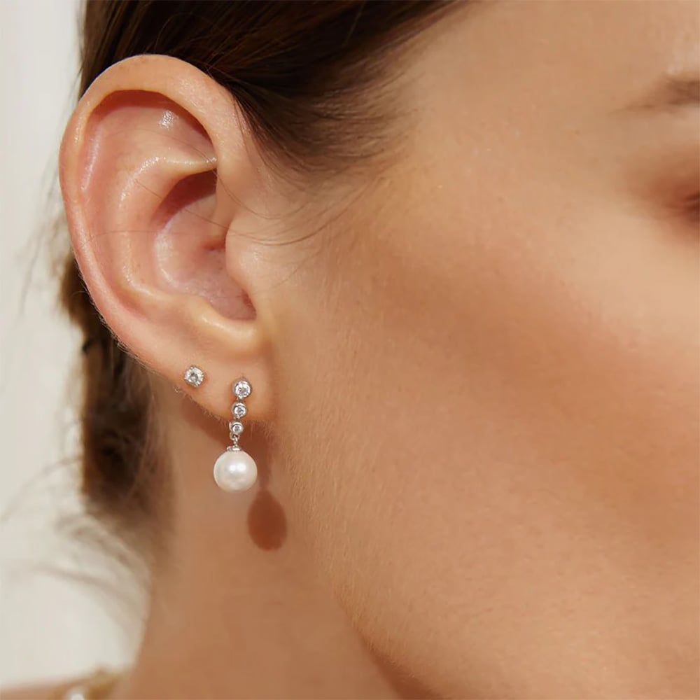 Ania Haie Miss Dainty Sterling Silver Cubic Zirconia Shell Pearl Drop Earrings E065-03H