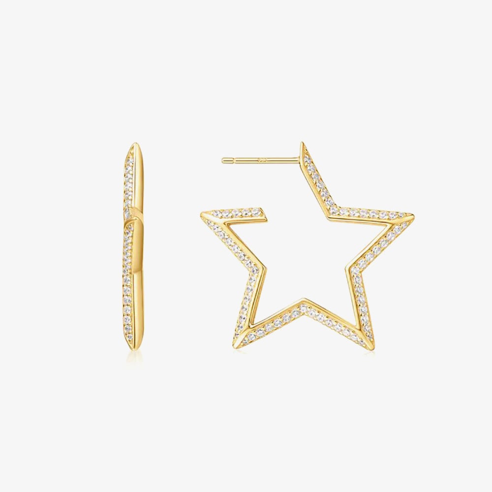 Ania Haie Sunny Sparkler 14ct Gold Plated Large Pave Star Hoop Earrings E064-09G