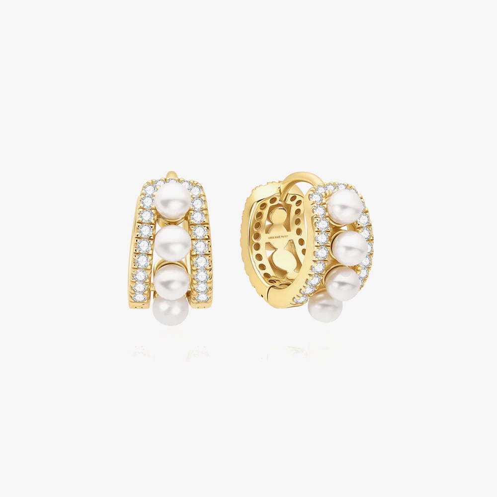 Ania Haie Luna Gaze Gold Plated Shell Pearl &amp; Cubic Zirconia Huggie Earrings E075-15G