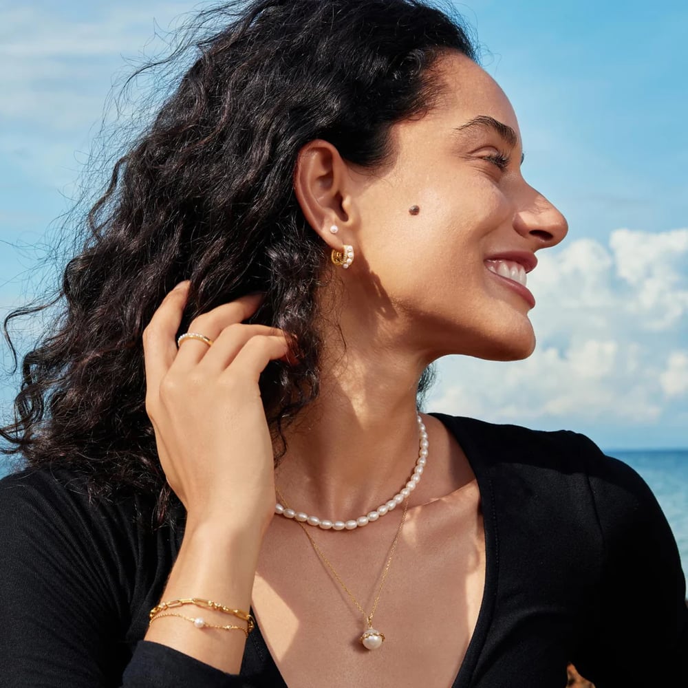 Ania Haie Luna Gaze Gold Plated Shell Pearl & Cubic Zirconia Huggie Earrings E075-15G