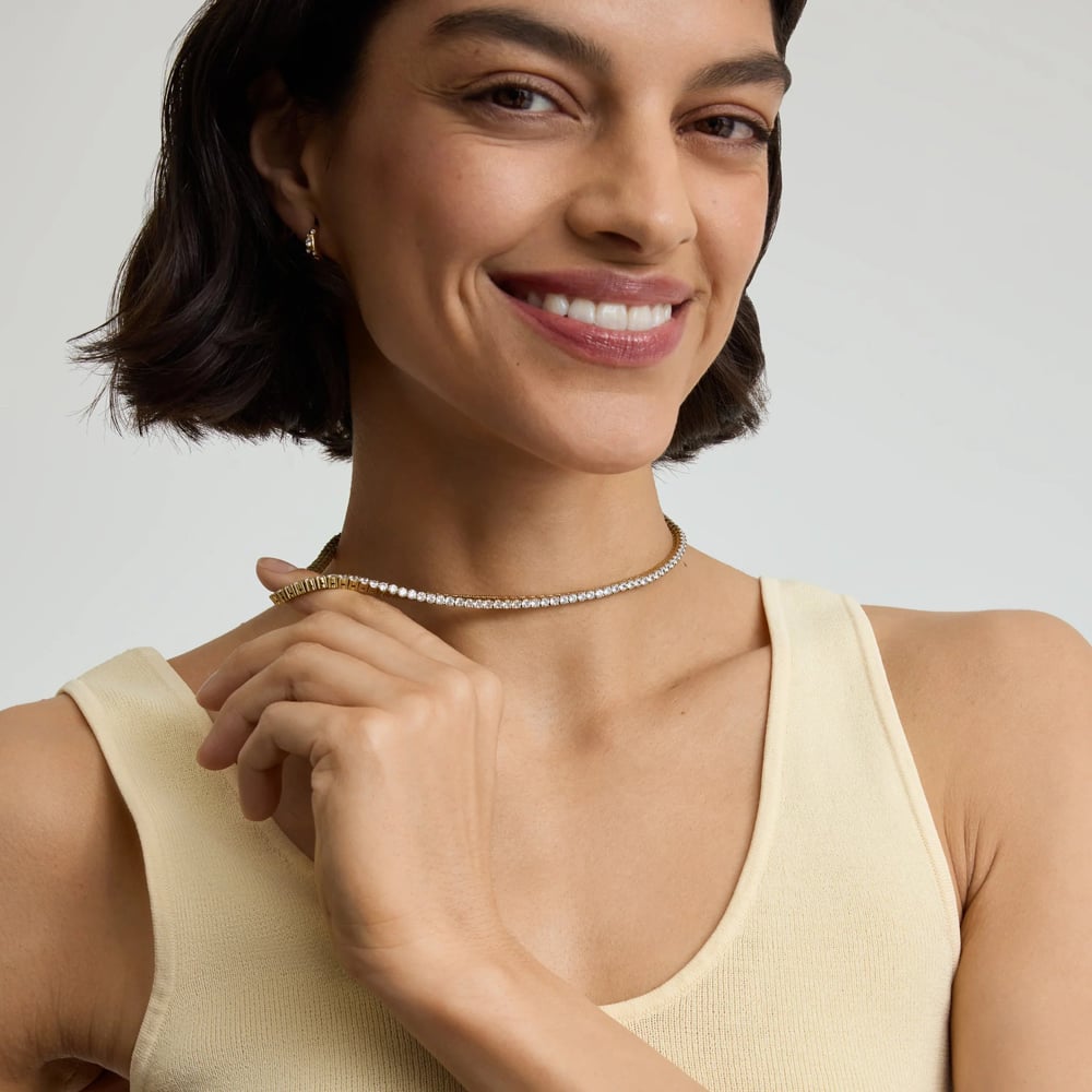 D.Louise Yellow Gold Tone Plated Stainless Steel Cubic Zirconia Tennis Necklace THN-36