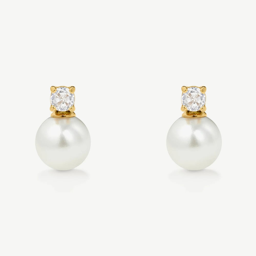 D.Louise Yellow Gold Tone Stainless Steel Simulated Pearl &amp; Cubic Zirconia Drop Stud Earrings YBE-07