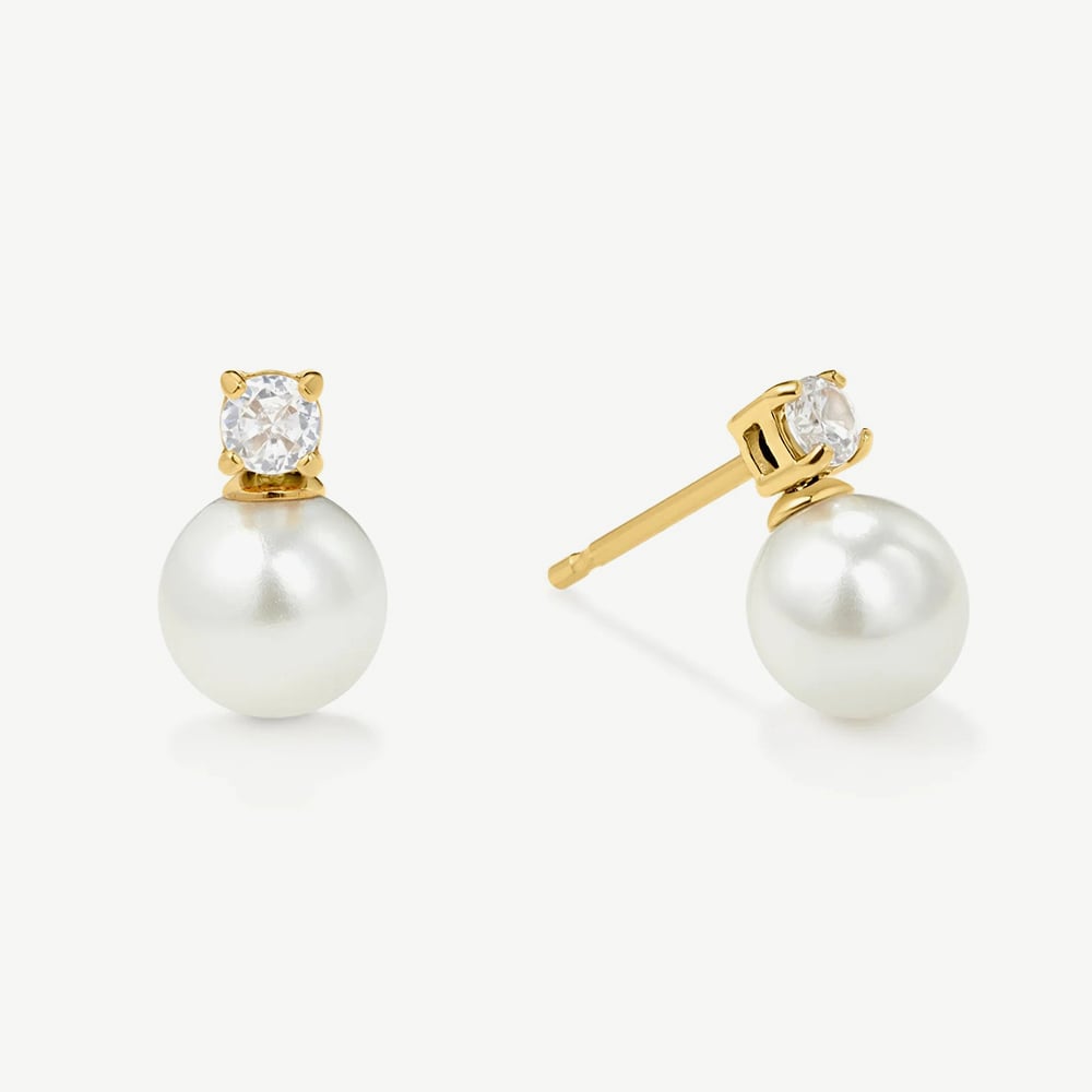 D.Louise Yellow Gold Tone Stainless Steel Simulated Pearl & Cubic Zirconia Drop Stud Earrings YBE-07