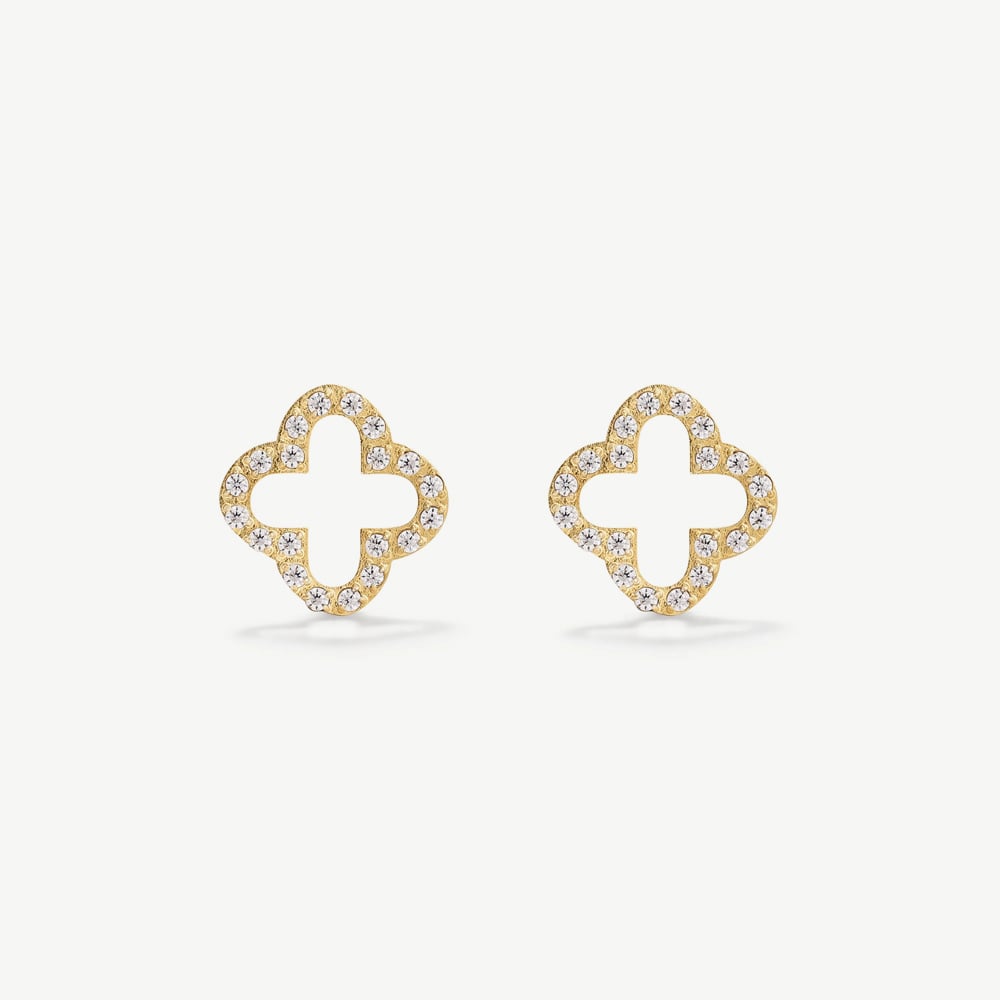 D.Louise Yellow Gold Tone Plated Stainless Steel Pave Clover Stud Earrings SKE-043