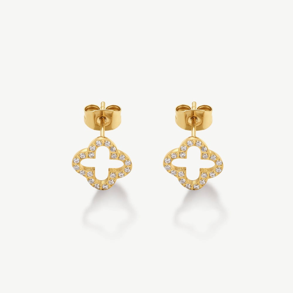 D.Louise Yellow Gold Tone Plated Stainless Steel Pave Clover Stud Earrings SKE-043