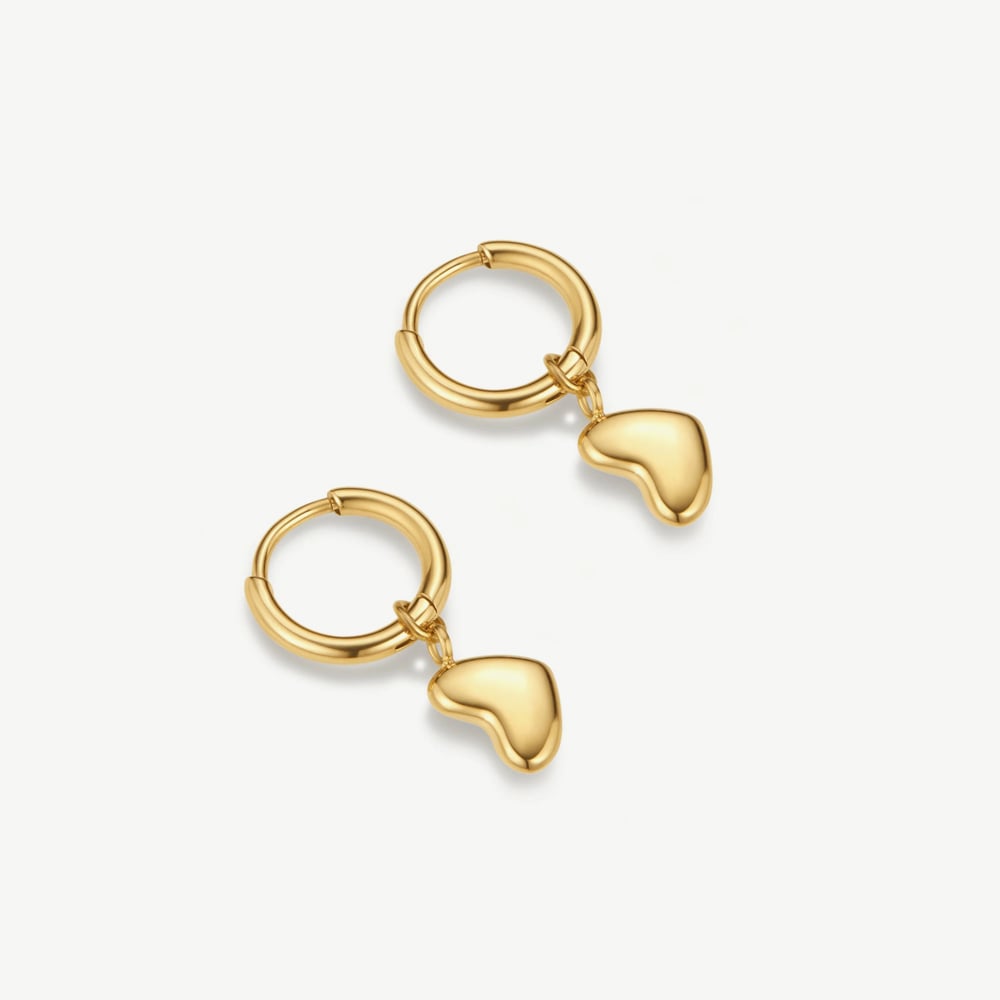 D.Louise Yellow Gold Tone Plated Stainless Steel Bubble Heart Pendant Hoop Earrings NAE-18