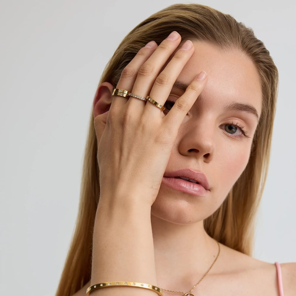 D.Louise Yellow Gold Tone Plated Stainless Steel Cryctal Eternity Stacking Ring YBR-007
