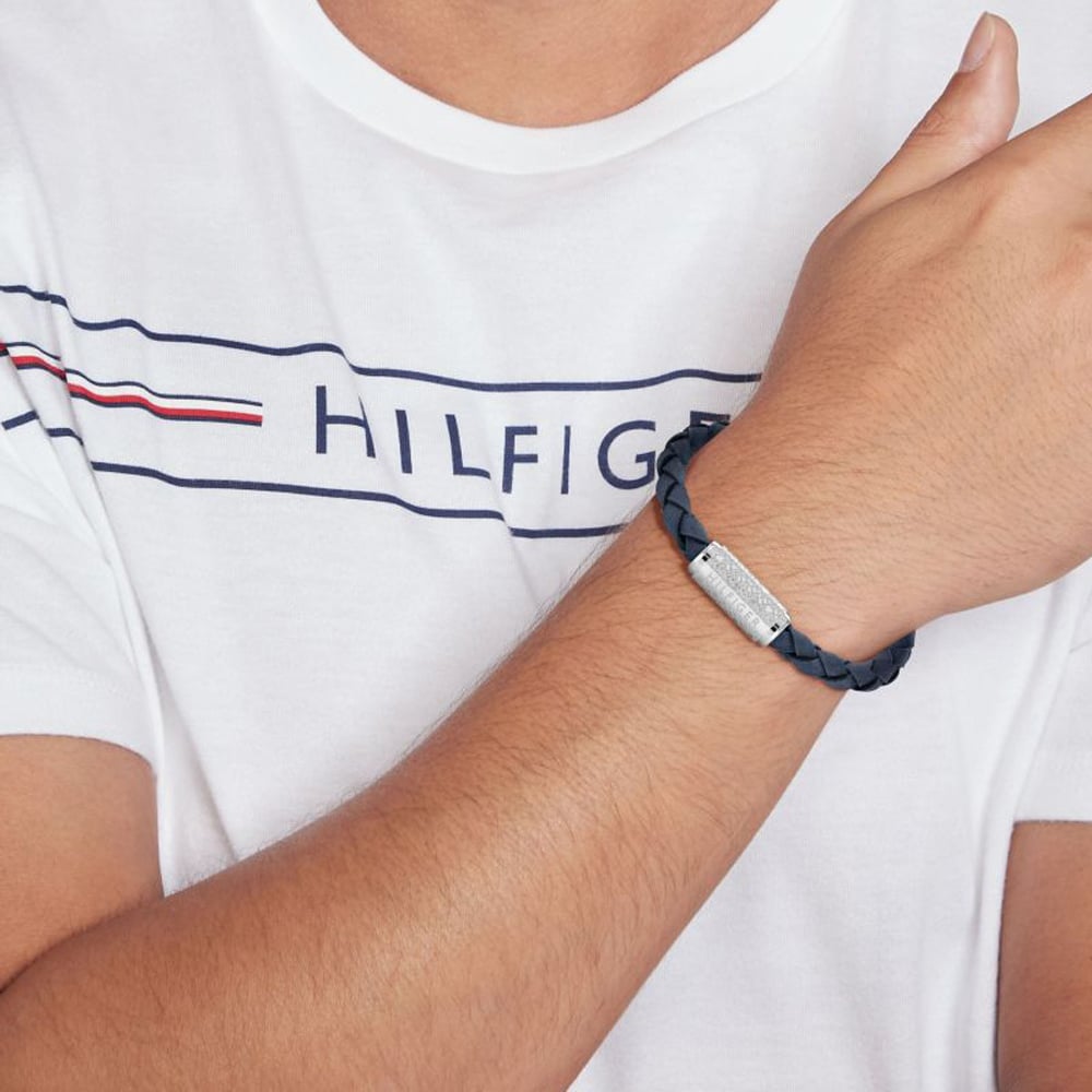 Tommy Hilfiger Exploded Braided Navy Blue Leather Monogram Bracelet 2790480