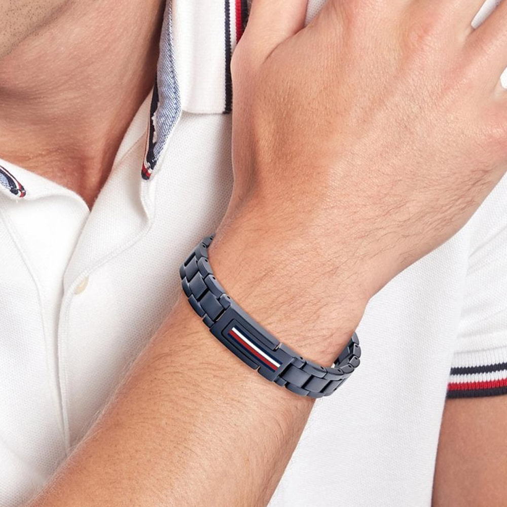 Tommy Hilfiger Mason Mens Stainless Steel Blue Tone Logo Bracelet 2790598