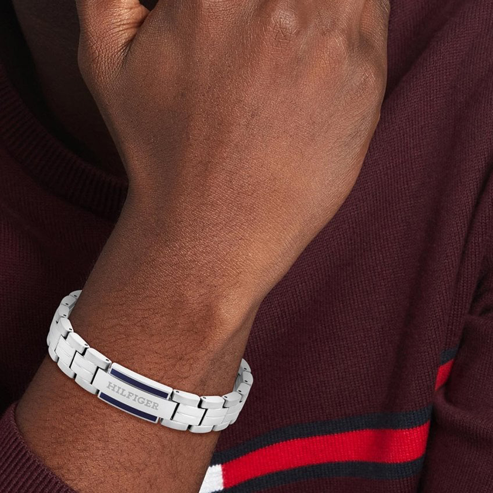 Tommy Hilfiger Parker Mens Stainless Steel Blue Enamel Logo Bracelet 2790600
