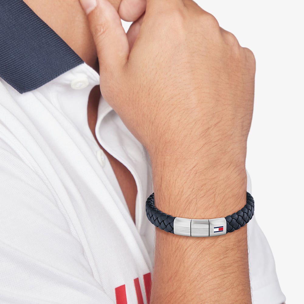 Tommy Hilfiger Navy Braided Stainless Steel Clasp Leather Bracelet 2790660