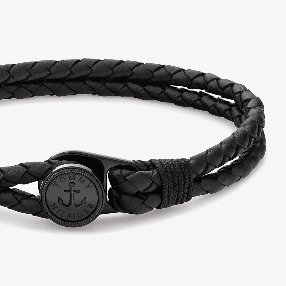 Tommy Hilfiger Nautical Black Double Braided Leather Bracelet 2790693