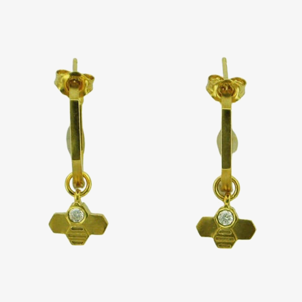 Yellow Gold Plated Cubic Zirconia Hexagonal Tiny Bee Hoop Earrings BEH-YGP-CZ