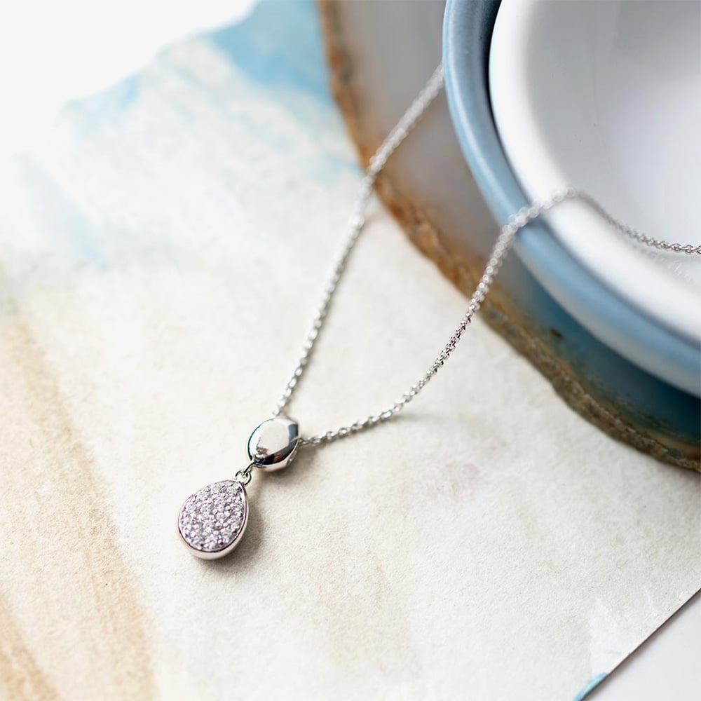 Kit Heath Sterling Silver Coast Pebbles Twin Droplet Pave Cubic Zirconia Necklace 90188CZ