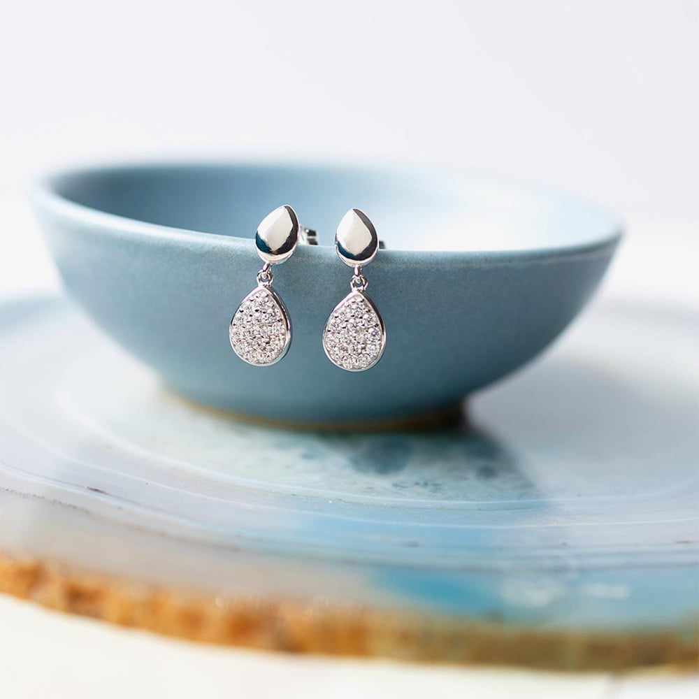 Kit Heath Sterling Silver Coast Pebble Glisten Cubic Zirconia Pave Drop Earrings 60188CZ