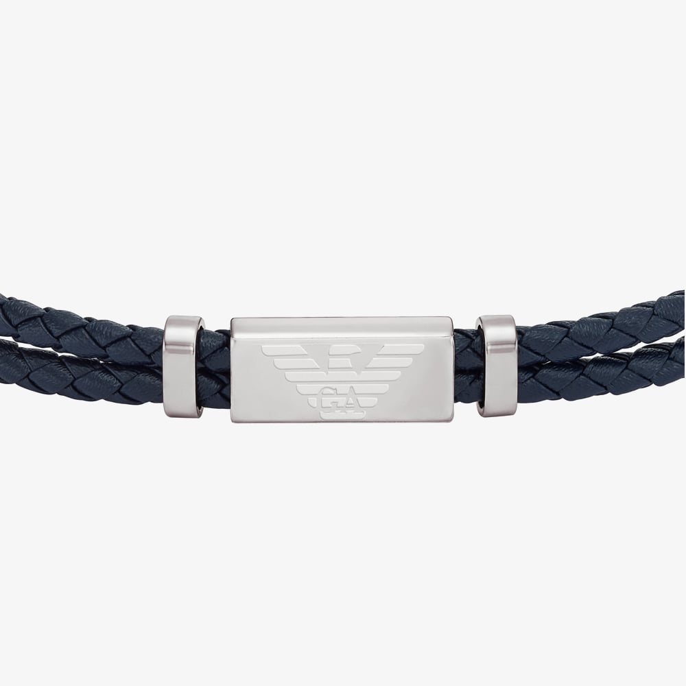 Emporio Armani Essentials Stainless-Steel and Blue Leather Two Row Logo ID Bracelet EGS2995040