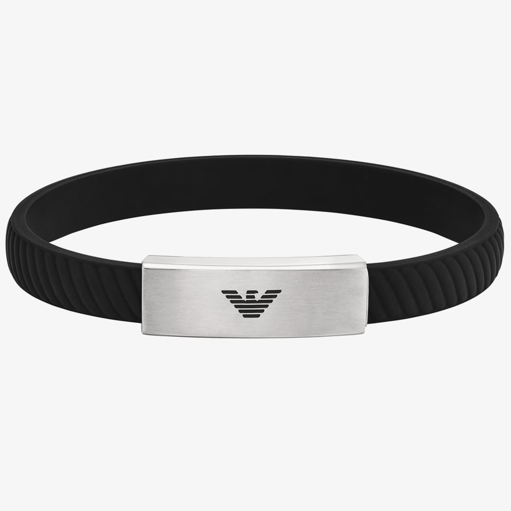 Product photograph of Emporio Armani Essentials Stainless-steel Black Silicone Logo Id Bracelet Egs2996040 from The Jewel Hut