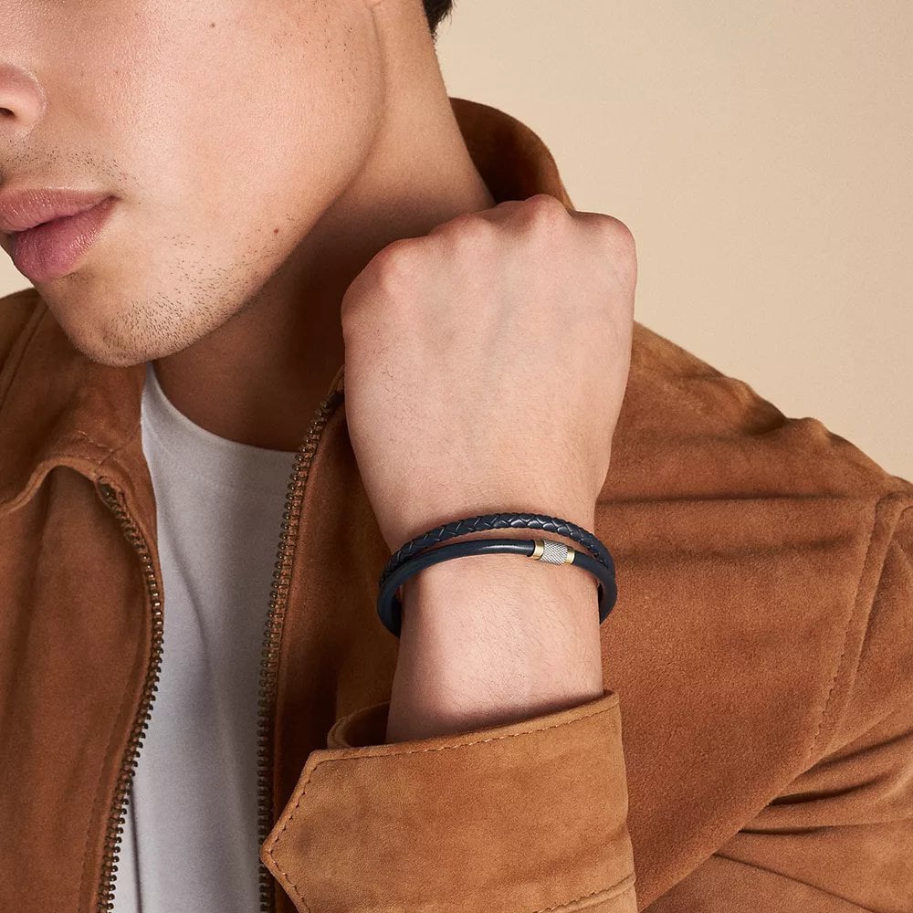 Fossil Machine Knurled Blue Leather Bracelet JF04703998