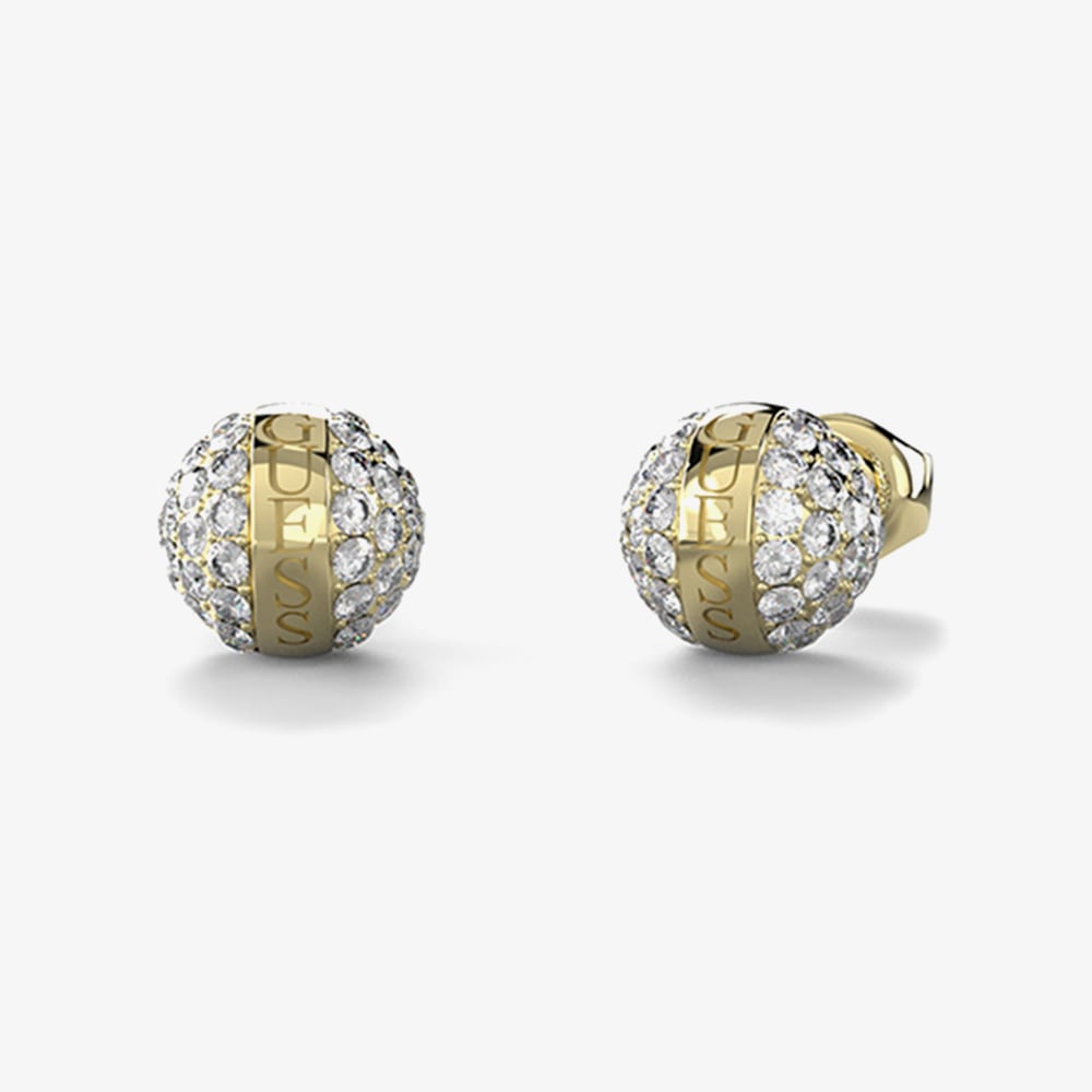 Product photograph of Guess Calypso Gold Tone Crystal Sphere Studs Earrings Ube04459yg from The Jewel Hut