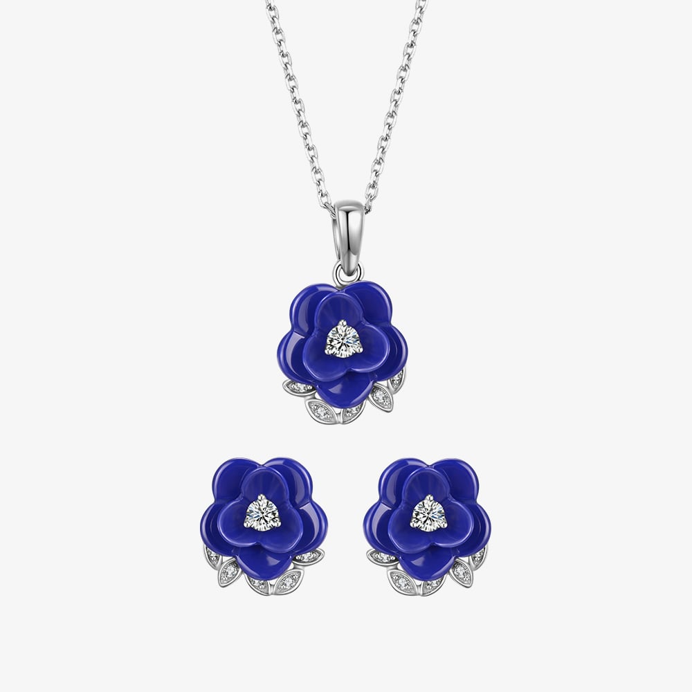 Product photograph of Fei Liu Blossom Cubic Zirconia Amp Blue Ceramic Flower Necklace Amp Earrings Jewellery Set Blo-925r-901-blcz from The Jewel Hut