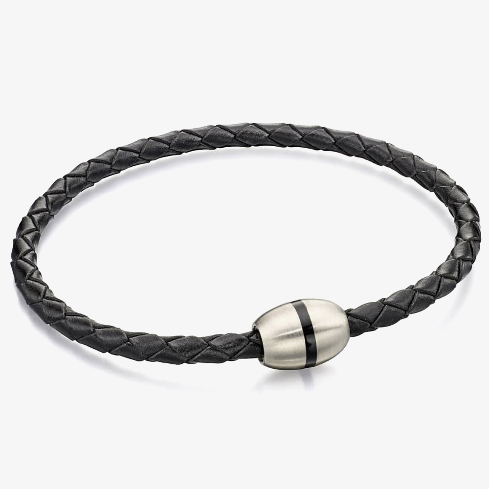 Product photograph of Fred Bennett Stainless Steel Skinny Black Leather Plaited Bracelet B4915 from The Jewel Hut