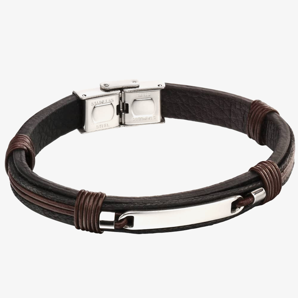 Product photograph of Fred Bennett Stainless Steel Black Brown Leather Id Bracelet B5124 from The Jewel Hut
