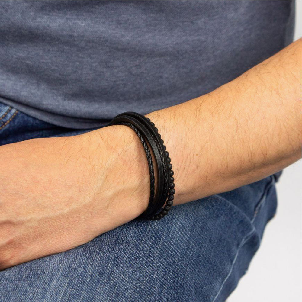 Fred Bennett Reborn Recycled Leather & Lava Beads Multi Row Bracelet B5318