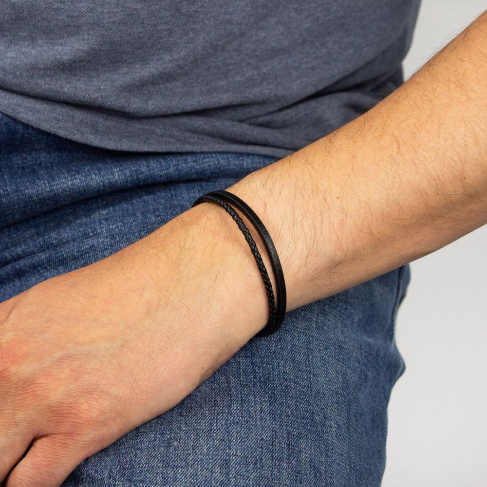 Fred Bennett Reborn Recycled Black Leather Double Row Bracelet B5321