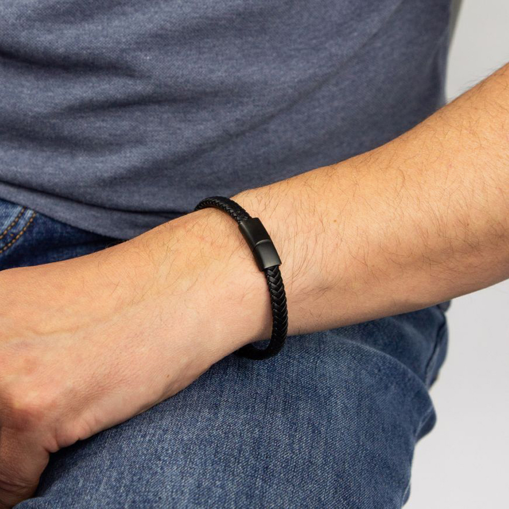 Fred Bennett Reborn Recycled Black Plaited Leather Bracelet B5322