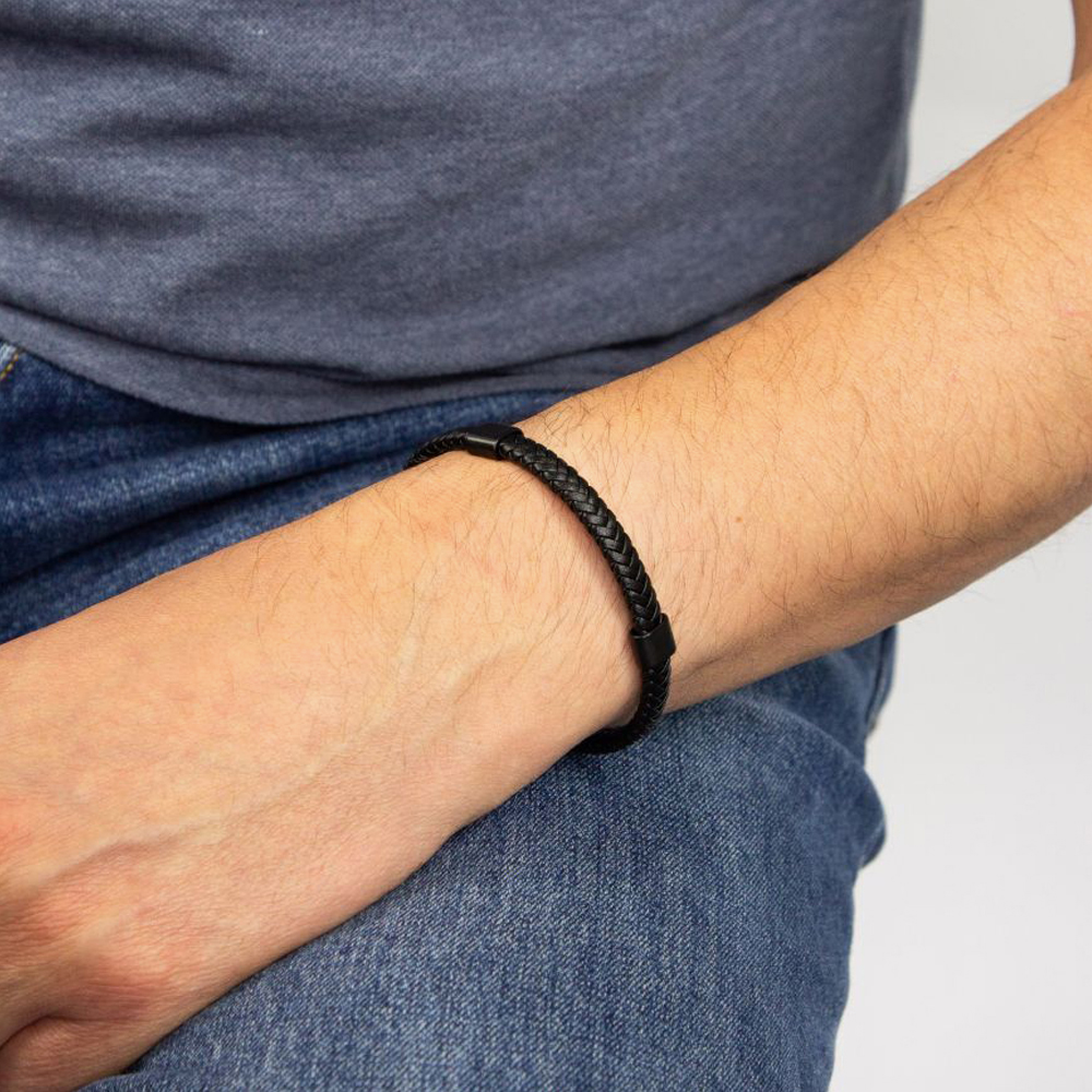 Fred Bennett Reborn Recycled Black Plaited Leather Bracelet B5322