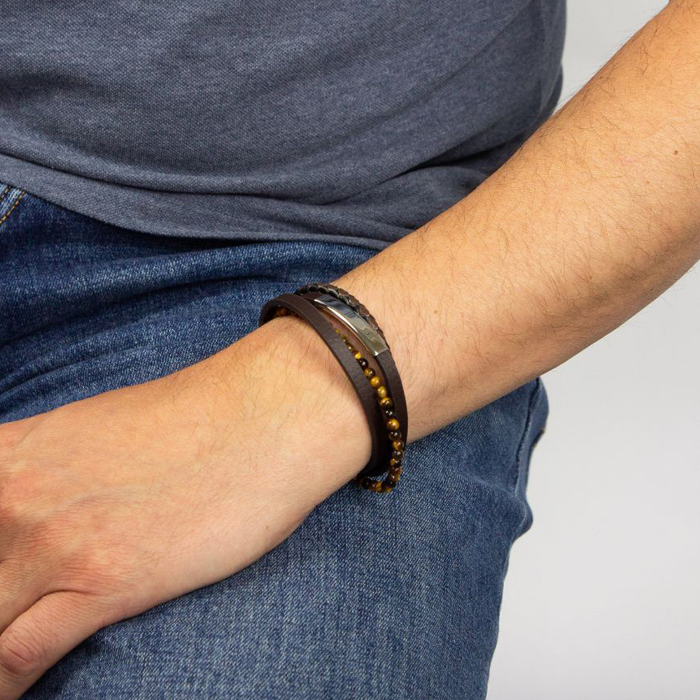 Fred Bennett Reborn Recycled Leather & Tiger's Eye Multi Row Bracelet B5317