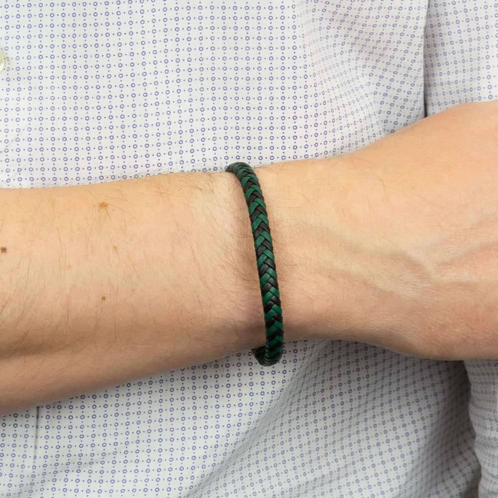 Fred Bennett Black & Forest Green Recycled Plaited Leather Bracelet B5375