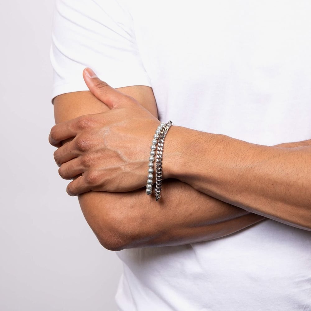 Fred Bennett Everyday Unity Stainless-Steel & Grey Shell Pearl Two Row Bracelet B5440