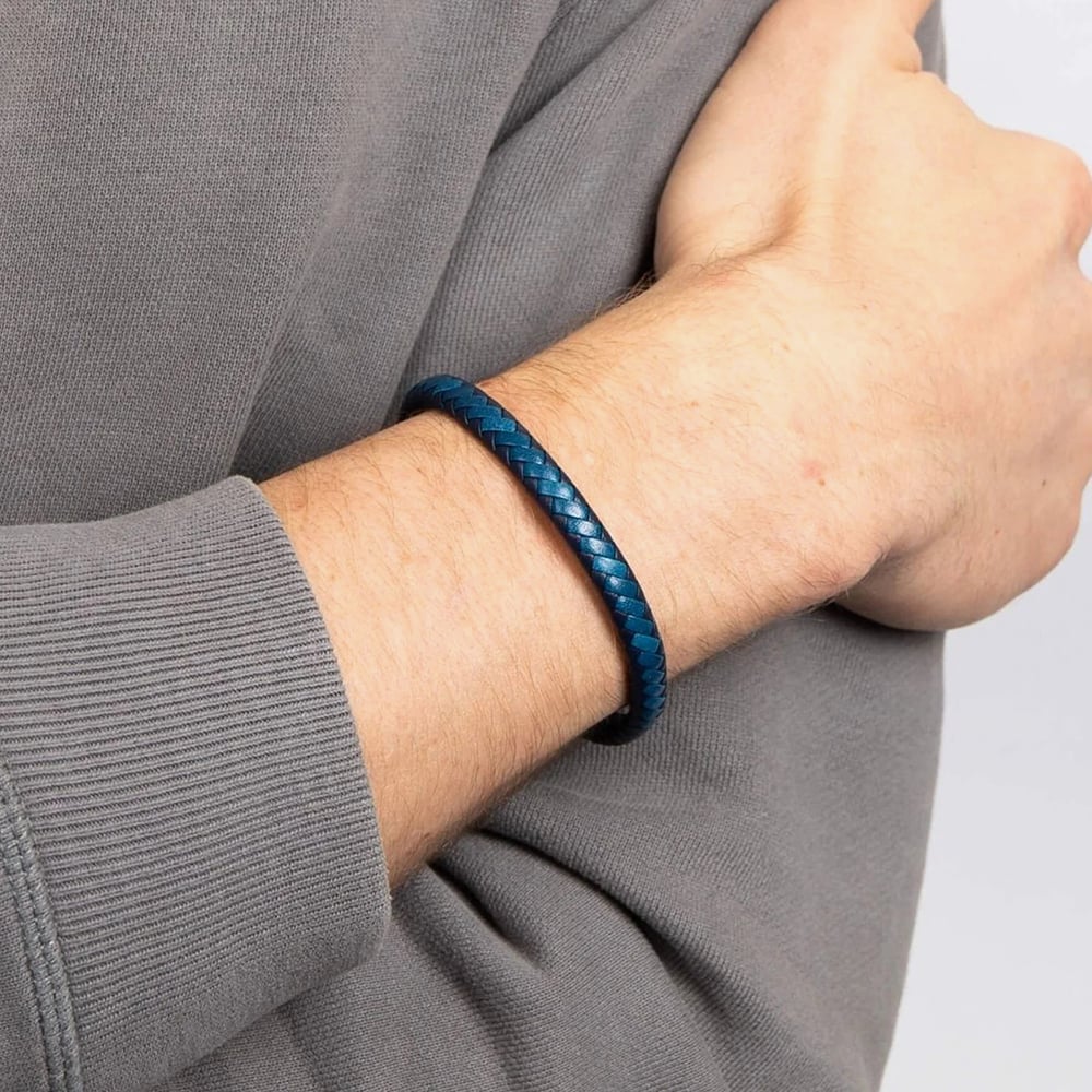 Fred Bennett Blue Leather & Stainless Steel Braided Bracelet B5275