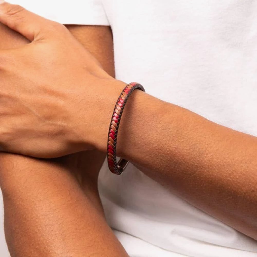 Fred Bennett Red & Brown Leather Stainless Steel Braided Bracelet B5278