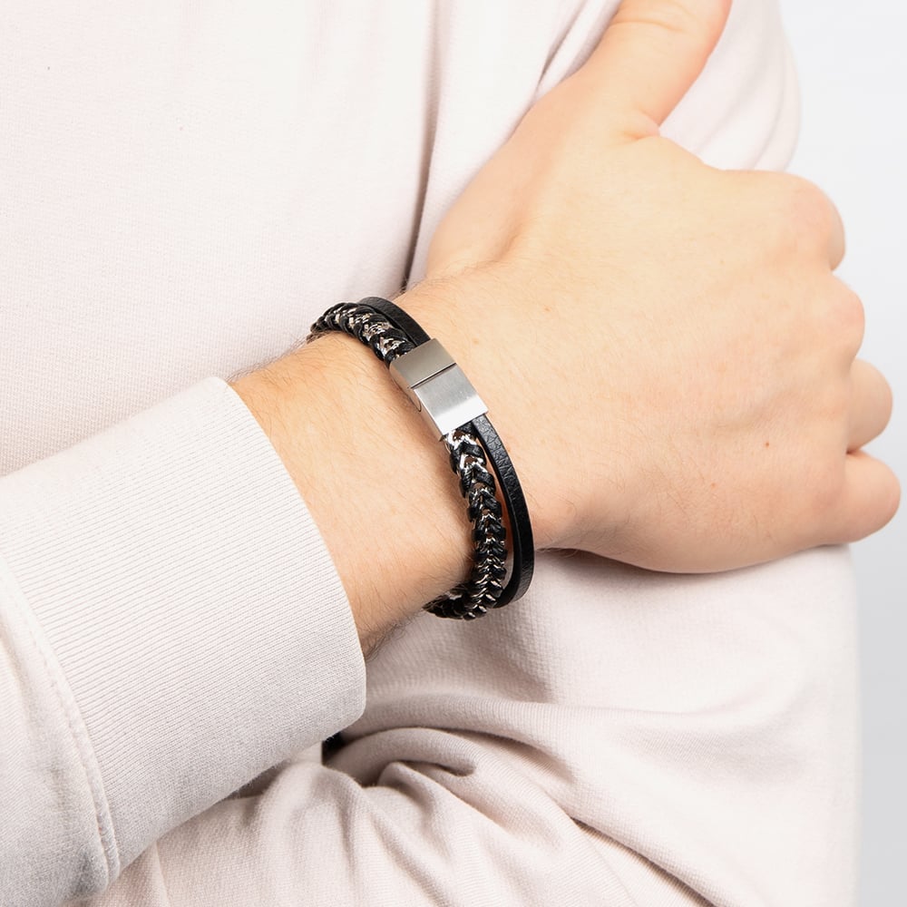 Fred Bennett Stainless Steel & Black Leather Braided Double Bracelet B5574B