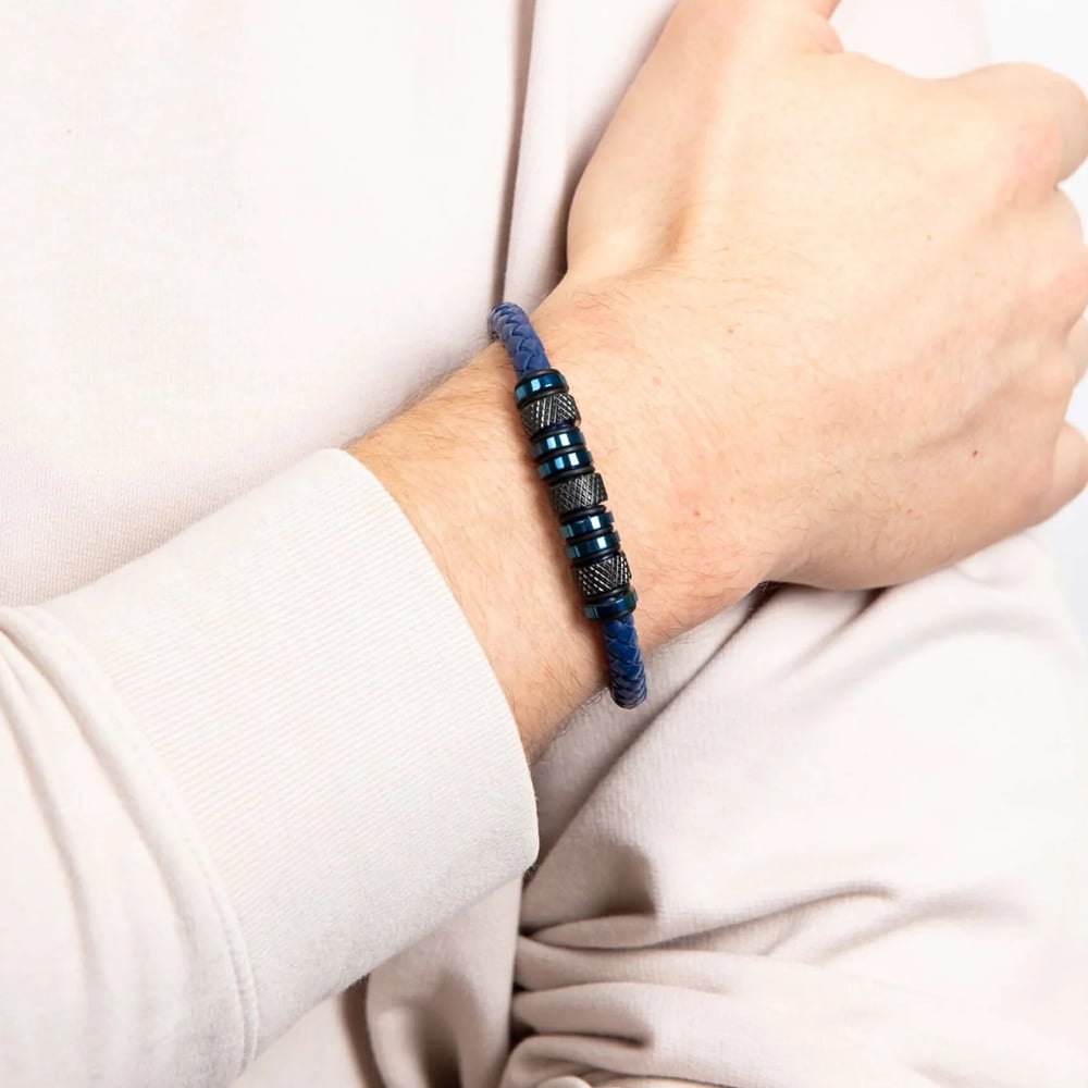 Fred Bennett Mens Stainless Steel & Blue Leather Bracelet B5575L