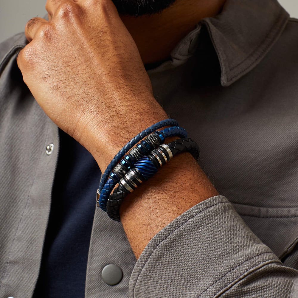 Fred Bennett Blue Steel Black Leather Braided Bracelet B5640