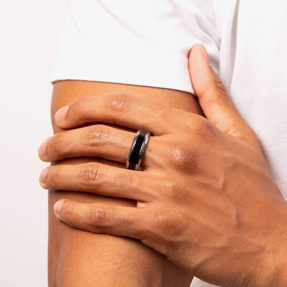 Fred Bennett Tungsten Black Enamel Stripe Ring R3860