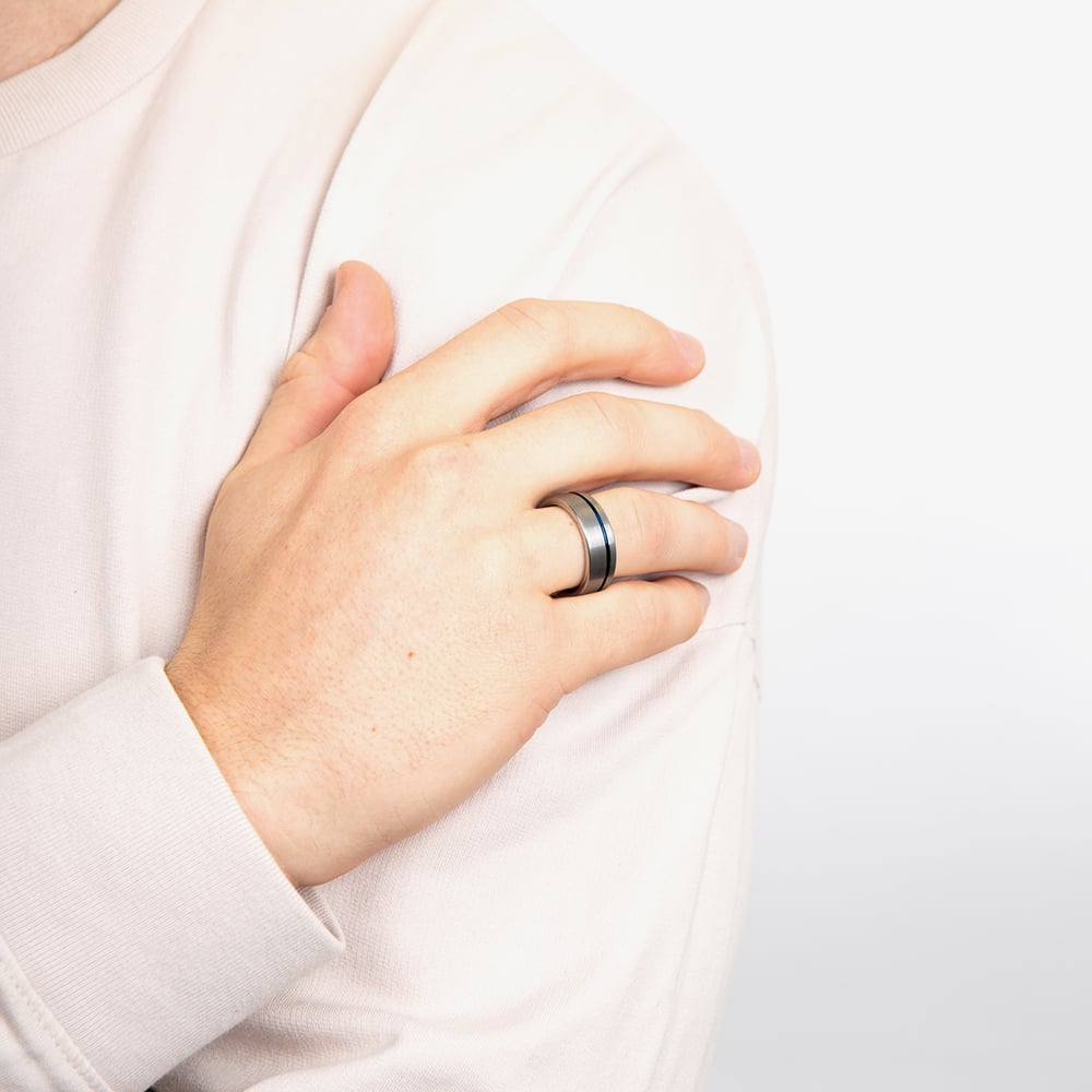 Fred Bennett Tungsten Blue Stripe Ring R3938L