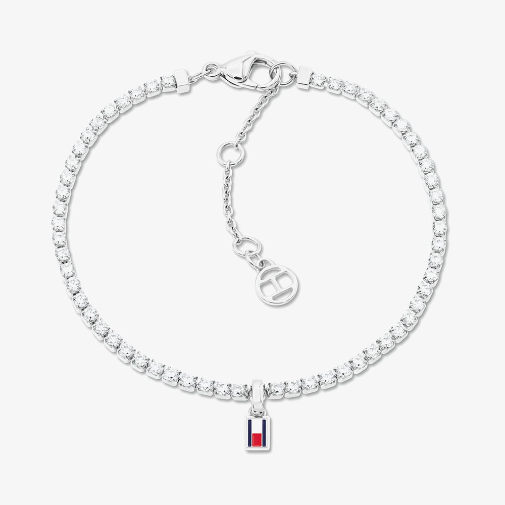 Tommy Hilfiger Stainless Steel Cubic Zirconia Logo Charm Tennis Bracelet 2781092