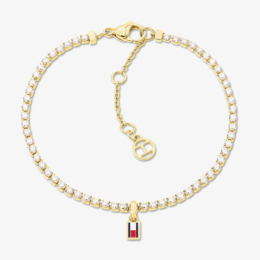 Tommy Hilfiger Yellow Gold Tone Plated Stainless Steel Cubic Zirconia Logo Charm Tennis Bracelet 2781093