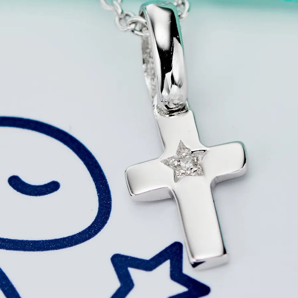 Little Star Childrens Grace Silver Diamond Cross Pendant Necklace LSN0011
