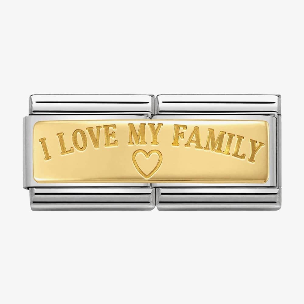Product photograph of Nomination Classic Gold Double Engraved I Love My Family Charm 030710 03 from The Jewel Hut