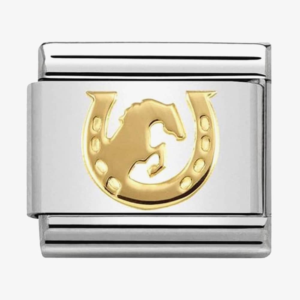 Product photograph of Nomination Classic Gold Symbols Horse Jumping Horseshoe Charm 030149 30 from The Jewel Hut
