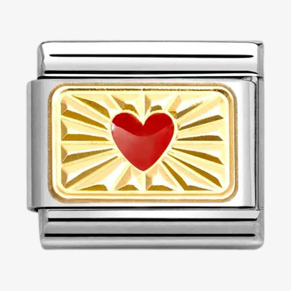 Product photograph of Nomination Classic Gold Etched Plaque With Red Heart Charm 030284 58 from The Jewel Hut