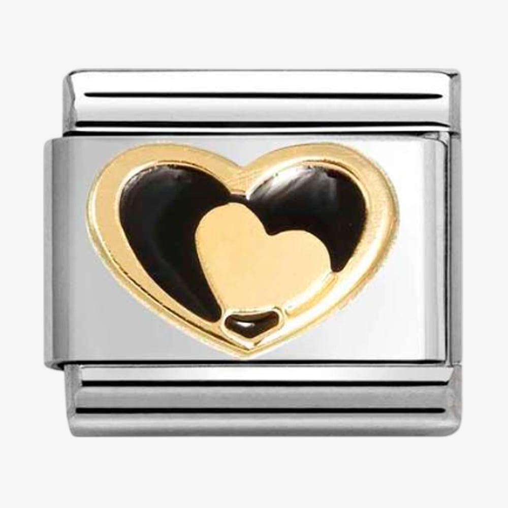 Product photograph of Nomination Classic Stainless Steel 18ct Yellow Gold Black Double Heart Charm 030283 26 from The Jewel Hut