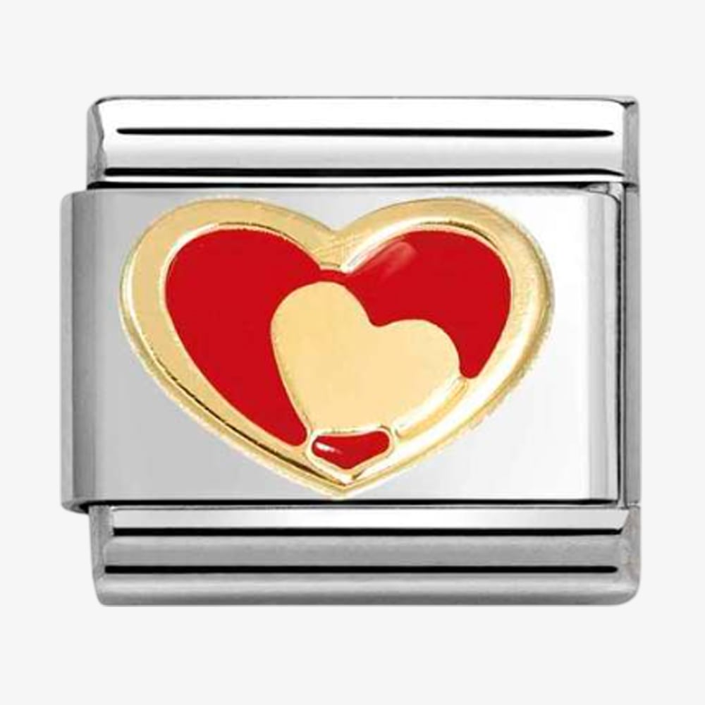 Product photograph of Nomination Classic Stainless Steel 18ct Yellow Gold Red Double Heart Charm 030283 28 from The Jewel Hut