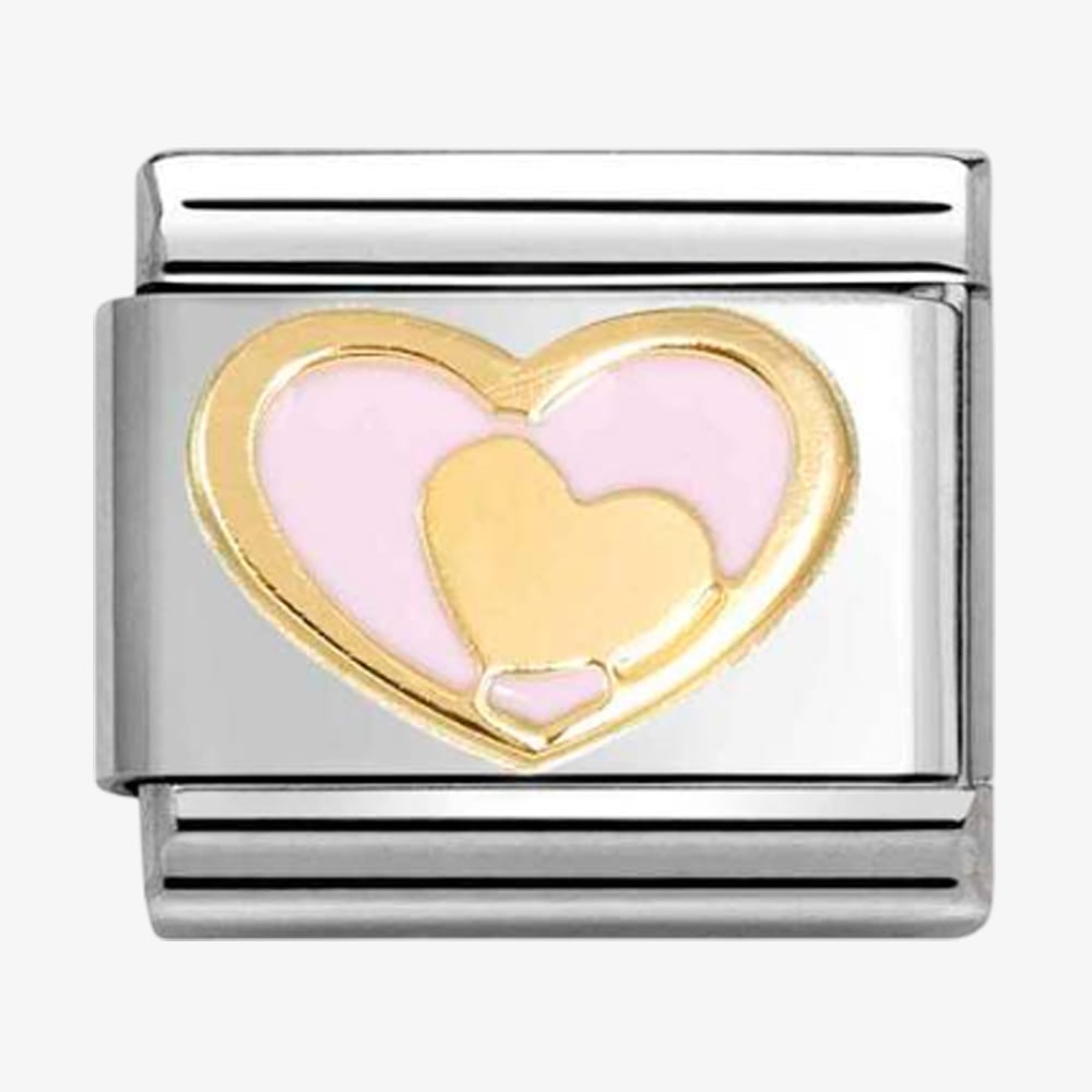 Product photograph of Nomination Classic Stainless Steel 18ct Yellow Gold Pink Double Heart Charm 030283 30 from The Jewel Hut