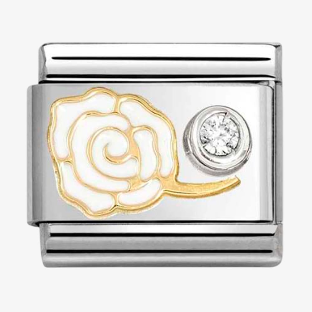 Product photograph of Nomination Classic Stainless Steel 18ct Yellow Gold Cubic Zirconia White Rose Charm 630302 07 from The Jewel Hut